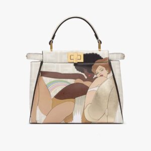 Fendi Women Peekaboo Iconic Mini FF White Glazed Fabric Bag with Inlay