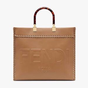 Fendi Women Sunshine Medium White Leather Shopper with Decorative Stitching