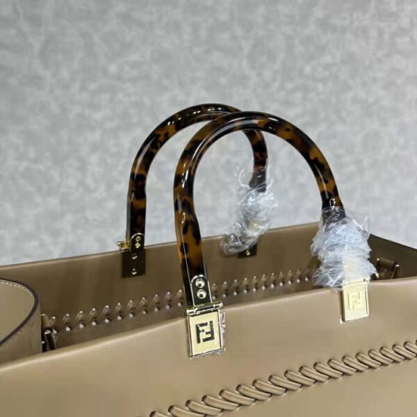 Fendi Women Sunshine Medium Brown Leather Shopper with Decorative Stitching (8)