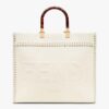 Fendi Women Sunshine Medium White Leather Shopper with Decorative Stitching