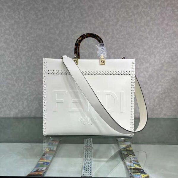 Fendi Women Sunshine Medium White Leather Shopper with Decorative Stitching (2)