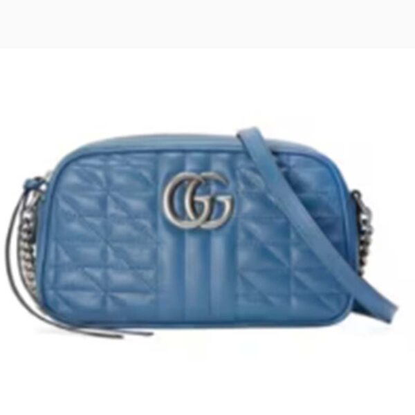 Gucci Unisex GG Marmont Matelassé Shoulder Bag Blue Matelassé Leather Double G (8)