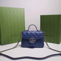 Gucci Unisex GG Marmont Mini Top Handle Bag Blue Matelassé Leather Double G (6)