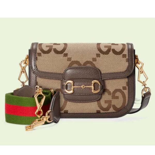 Gucci Unisex Horsebit 1955 Jumbo GG Mini Bag Camel Ebony Canvas (2)