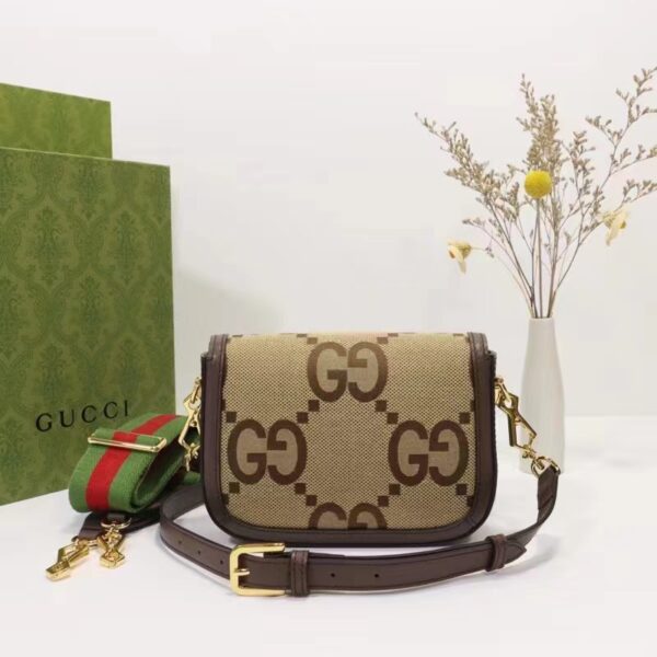 Gucci Unisex Horsebit 1955 Jumbo GG Mini Bag Camel Ebony Canvas (8)