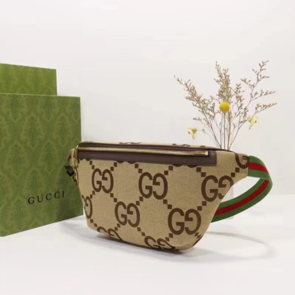 Gucci Unisex Jumbo GG Belt Bag Camel Ebony Canvas Green Red Web (10)