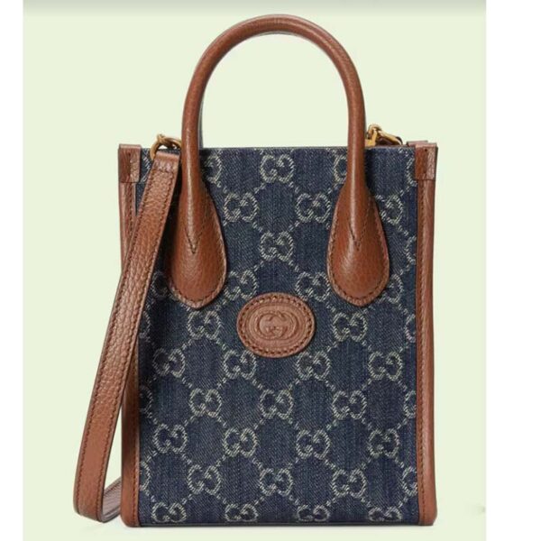 Gucci Unisex Mini Tote Bag Interlocking G Blue Ivory GG Denim Jacquard