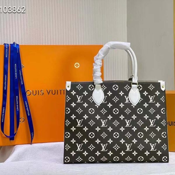 Louis Vuitton LV Women OnTheGo MM Tote Bag Green Printed Embossed Grained Cowhide (9)