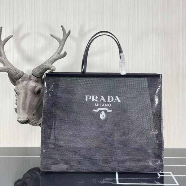 Prada Women Sequined Mesh Tote Bag-Black (2)