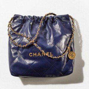 Chanel Women 22 Small Handbag Shiny Calfskin Gold-Tone Metal Navy Blue