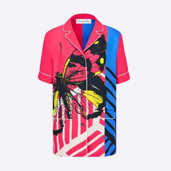 Dior Women Chez Moi Short-Sleeved Shirt Bright Pink and Fluorescent Blue D-Jungle Pop Silk Twill (1)