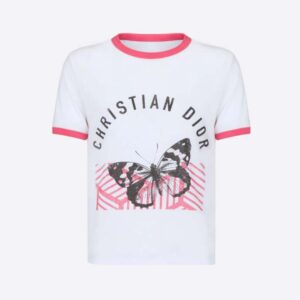 Dior Women T-shirt White Cotton Jersey with Fluorescent Pink D-Jungle Pop Motif