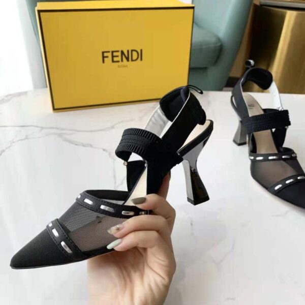 Fendi Women Colibri Black Mesh High-Heel Slingbacks with Metal Stitches (6)