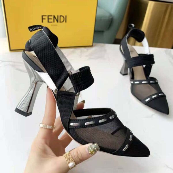 Fendi Women Colibri Black Mesh High-Heel Slingbacks with Metal Stitches (8)