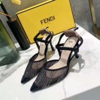 Fendi Women Colibri Black Mesh High-Heeled Slingbacks with Rhinestone Embroidery (1)