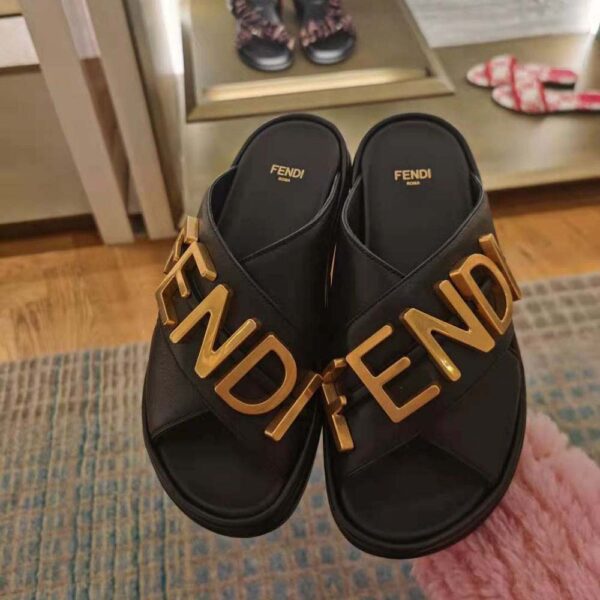 Fendi Women Fendigraphy Black Leather Slides (3)