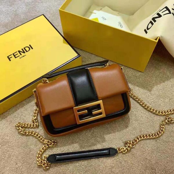 Fendi Women Mini Baguette Chain Brown and Black Nappa Leather Bag (2)