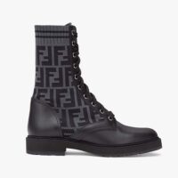 Fendi Women Rockoko Black Leather Biker Boots with Stretch Fabric (1)