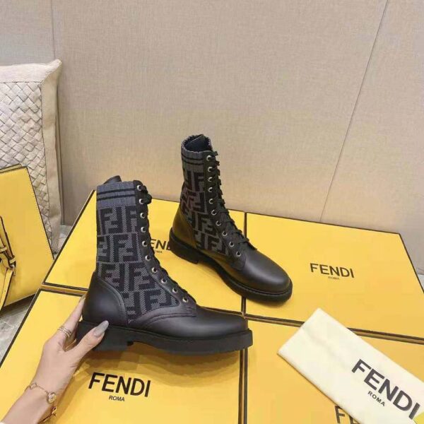 Fendi Women Rockoko Black Leather Biker Boots with Stretch Fabric (7)