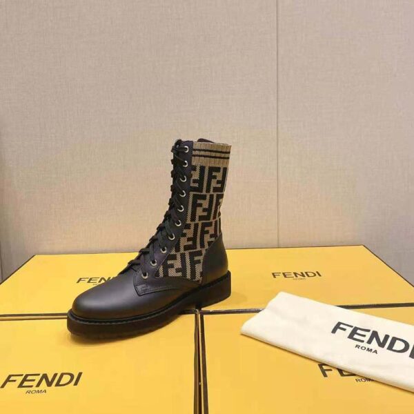 Fendi Women Rockoko BlackBrown Leather Biker Boots with Stretch Fabric (8)