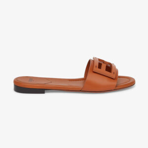 Fendi Women Signature Brown Leather Slides in 0.4 inches Heel Height