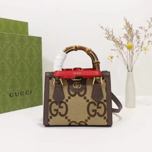 Gucci Unisex Diana Jumbo GG Mini Tote Bag Red Camel Ebony Canvas (10)