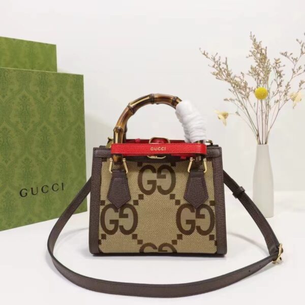 Gucci Unisex Diana Jumbo GG Mini Tote Bag Red Camel Ebony Canvas (6)