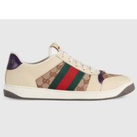 Gucci Unisex GG Screener Sneaker Beige Navy Leather Canvas Low 4 cm Heel (1)