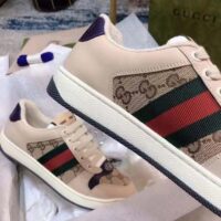 Gucci Unisex GG Screener Sneaker Beige Navy Leather Canvas Low 4 cm Heel (1)