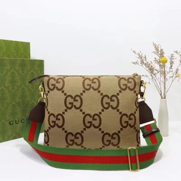 Gucci Unisex Jumbo GG Messenger Bag Camel Ebony Jumbo Canvas (9)