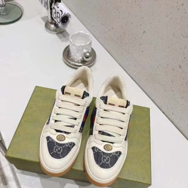 Gucci Unisex Screener GG Sneaker Blue Ivory Web Cream Scrap Less Leather (10)