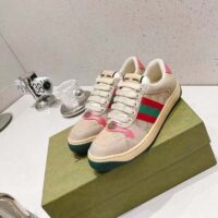 Gucci Unisex Screener Leather Sneaker GG Canvas Green Orange Web 3cm Heel (11)