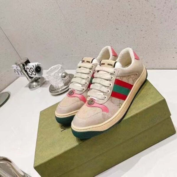 Gucci Unisex Screener Leather Sneaker GG Canvas Green Orange Web 3cm Heel (1)