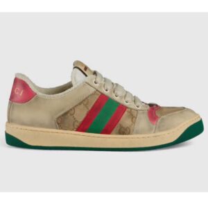 Gucci Unisex Screener Leather Sneaker GG Canvas Green Orange Web 3cm Heel