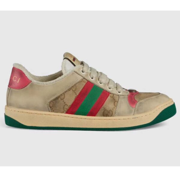 Gucci Unisex Screener Leather Sneaker GG Canvas Green Orange Web 3cm Heel (11)