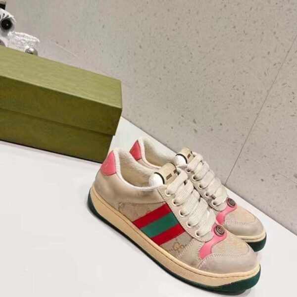 Gucci Unisex Screener Leather Sneaker GG Canvas Green Orange Web 3cm Heel (3)