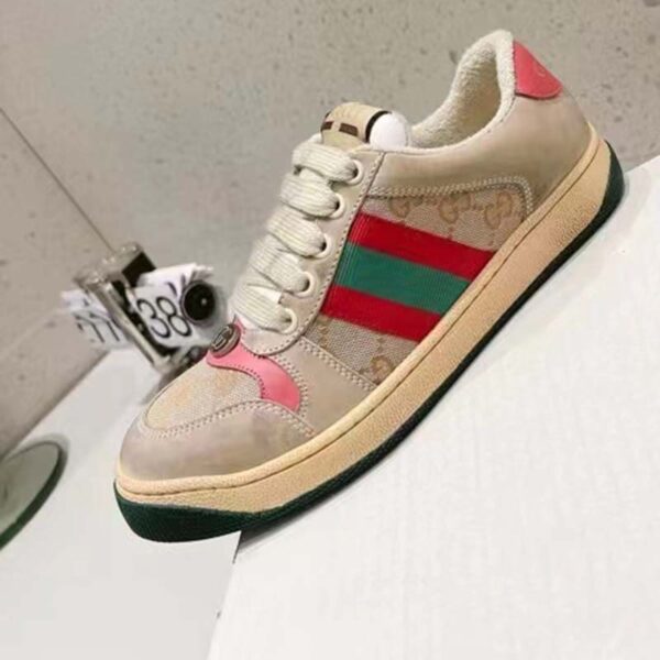 Gucci Unisex Screener Leather Sneaker GG Canvas Green Orange Web 3cm Heel (9)