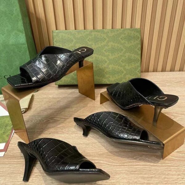 Gucci Women GG Crocodile Print Pump Black Square Toe Mid Heel (6)