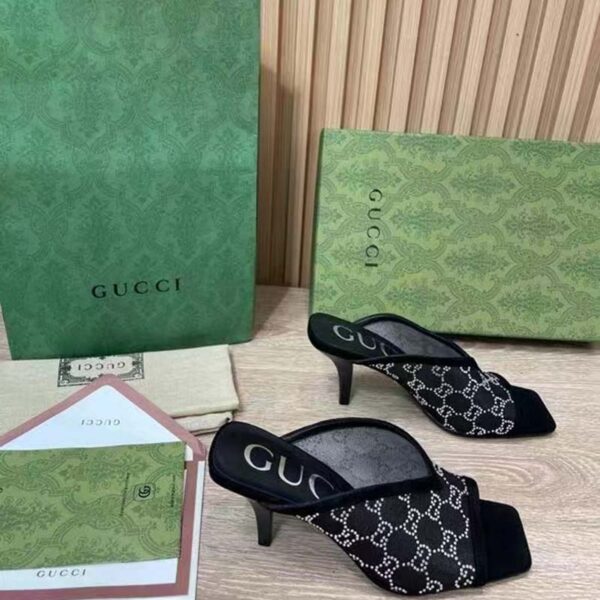 Gucci Women GG Sandal Black Mesh GG Crystals Square Toe Mid-Heel (8)