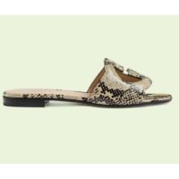 Gucci Women Interlocking G Cut Out Slide Sandal Beige Black Python Print Leather Flat (1)