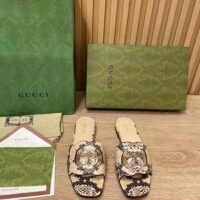 Gucci Women Interlocking G Cut Out Slide Sandal Beige Black Python Print Leather Flat (1)