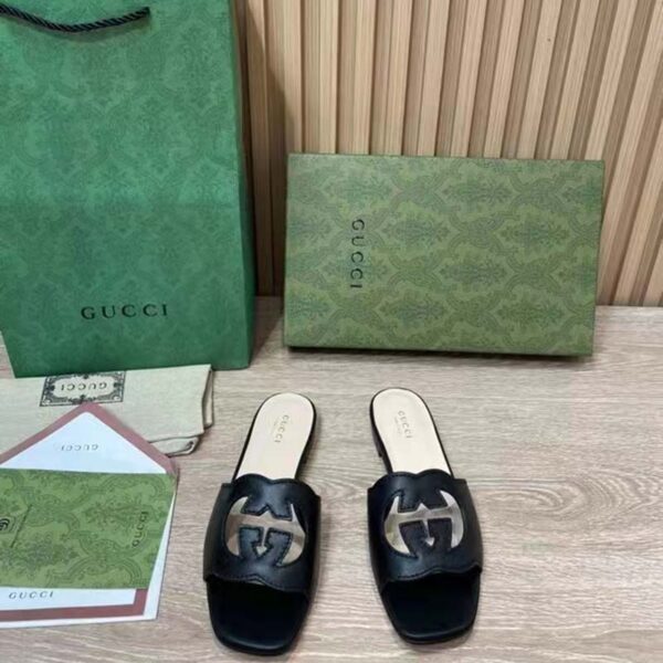 Gucci Women Interlocking G Cut Out Slide Sandal Black Leather Flat (4)