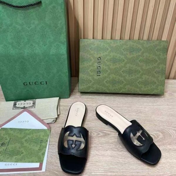 Gucci Women Interlocking G Cut Out Slide Sandal Black Leather Flat (8)