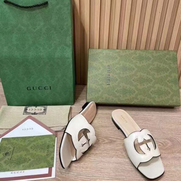 Gucci Women Interlocking G Cut Out Slide Sandal White Leather Flat (1)