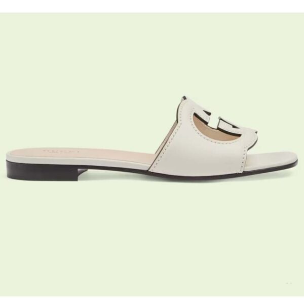 Gucci Women Interlocking G Cut Out Slide Sandal White Leather Flat