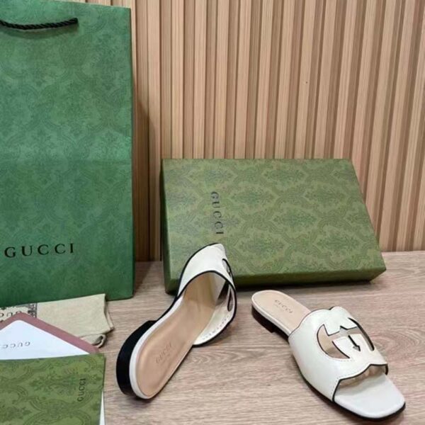 Gucci Women Interlocking G Cut Out Slide Sandal White Leather Flat (4)