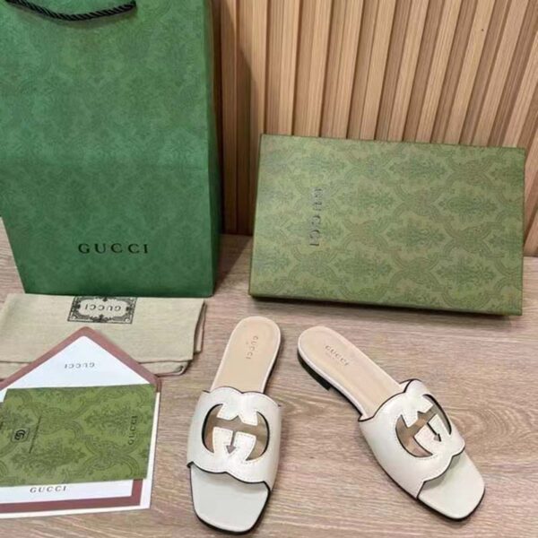 Gucci Women Interlocking G Cut Out Slide Sandal White Leather Flat (9)