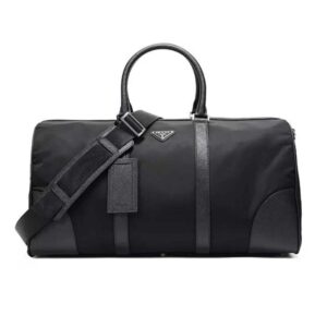 Prada Unisex Re-Nylon Saffiano Leather Handles Duffle Black Bag