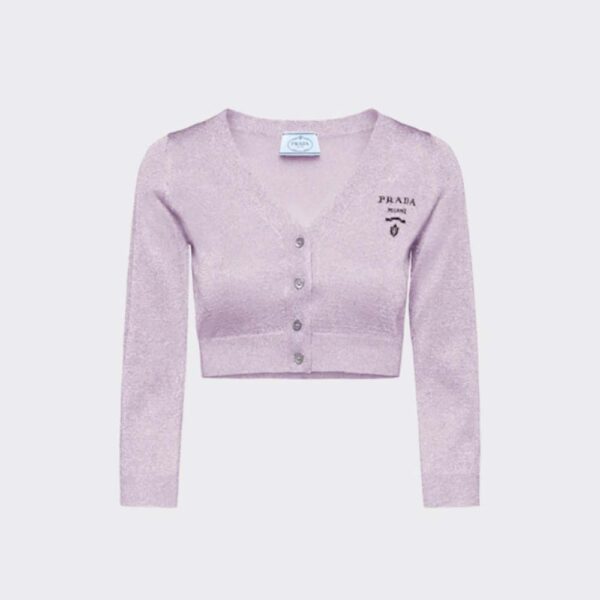 Prada Women Cropped Lurex Cardigan with Intarsia Logo-Purple (1)