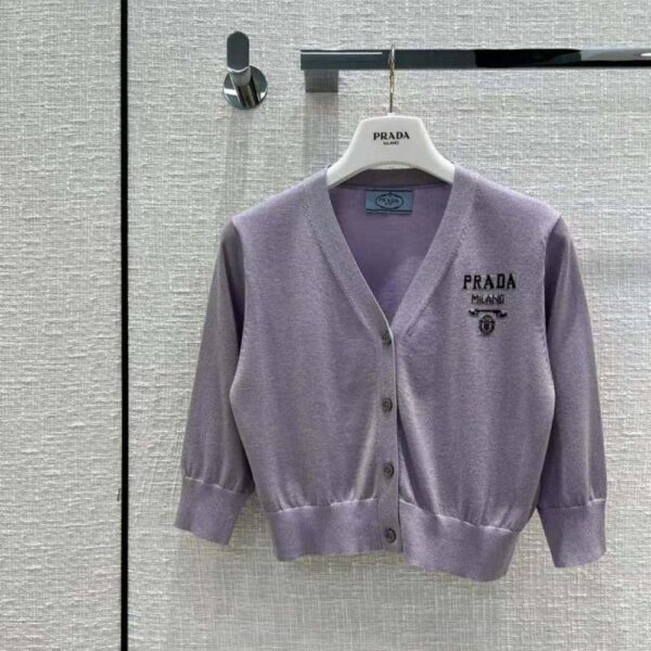 Prada Women Cropped Lurex Cardigan with Intarsia Logo-Purple (2)